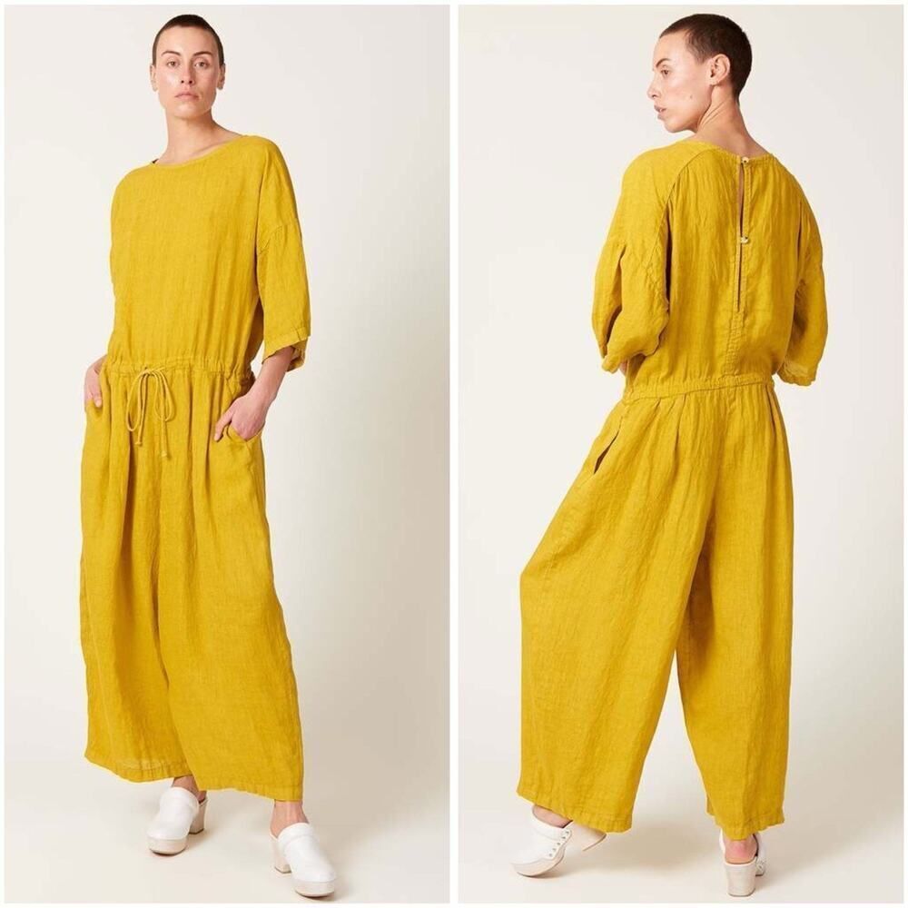 Black Crane Pea Jumpsuit Gold Linen XS Balloon Leg Minimalist Made in USA